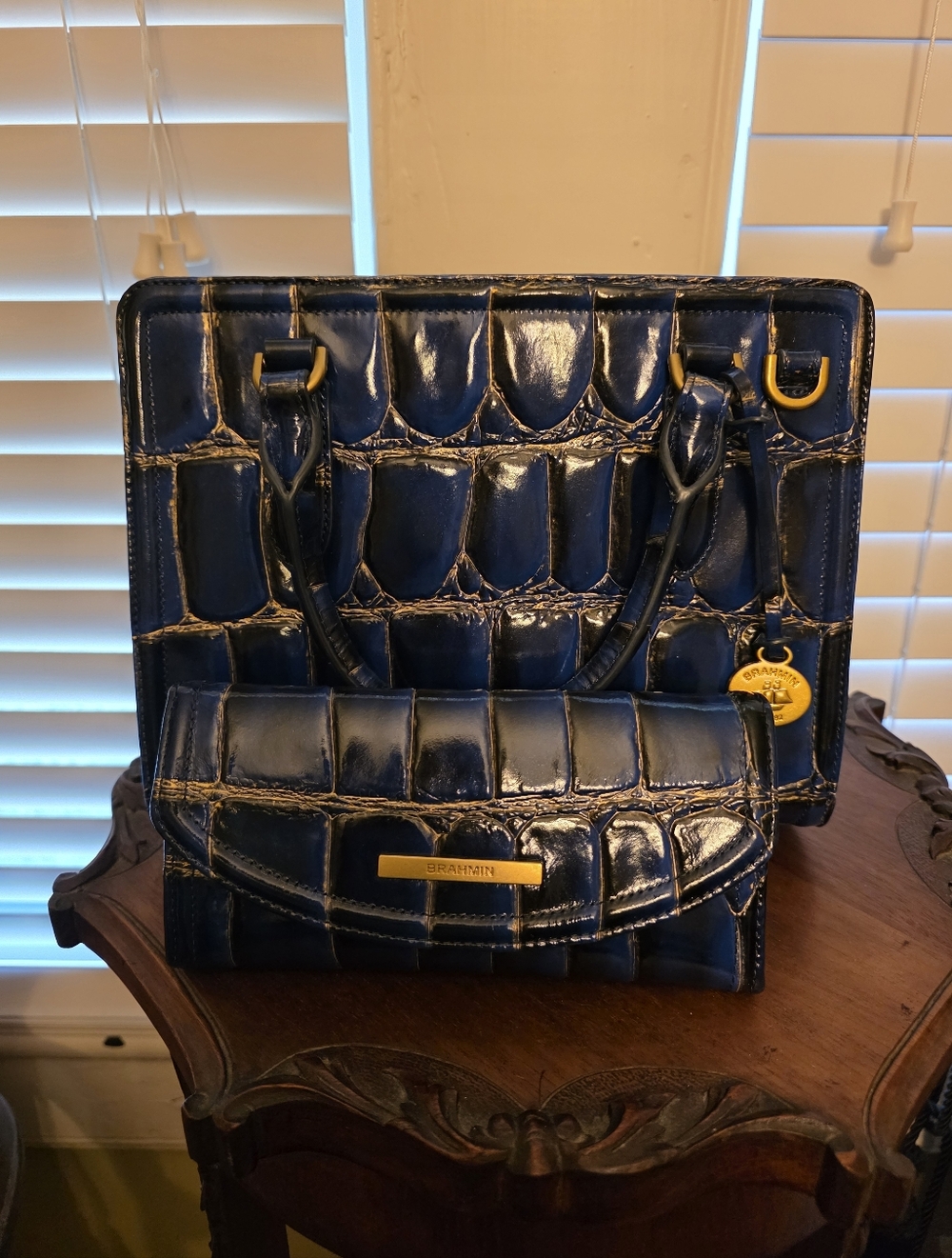 Brahmin Navy Croc-Embossed Leather Satchel with Wallet
